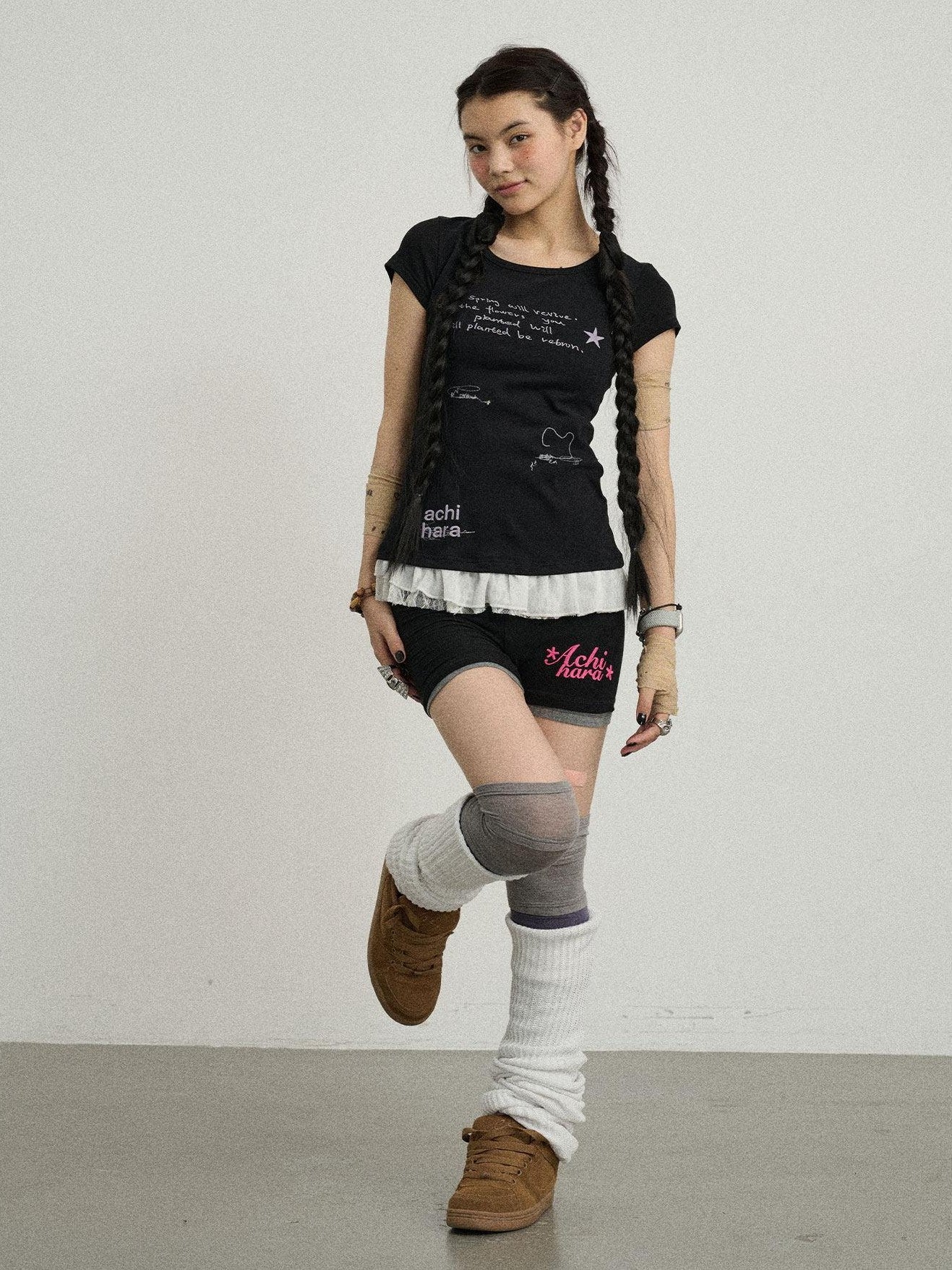 Achihara Time Bandage Lace Print Slim Fit Women'S Cotton Spandex Short Sleeve T-Shirts
