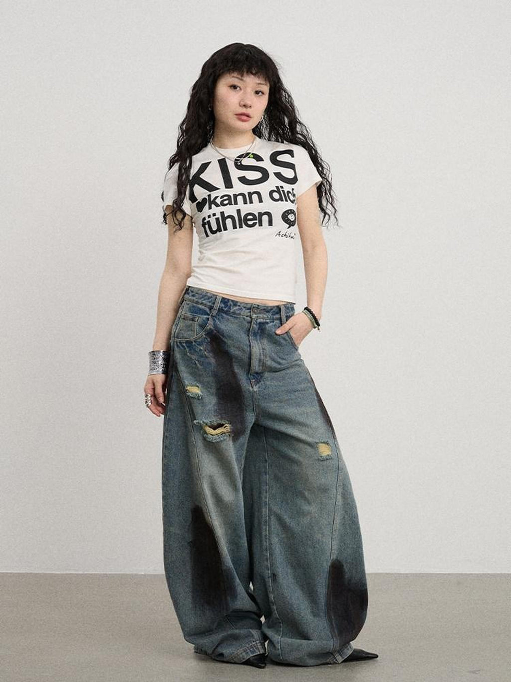 Achihara Two Kissing Fish Print Cropped Slim Women'S Cotton Stretch Short Sleeve T-Shirts