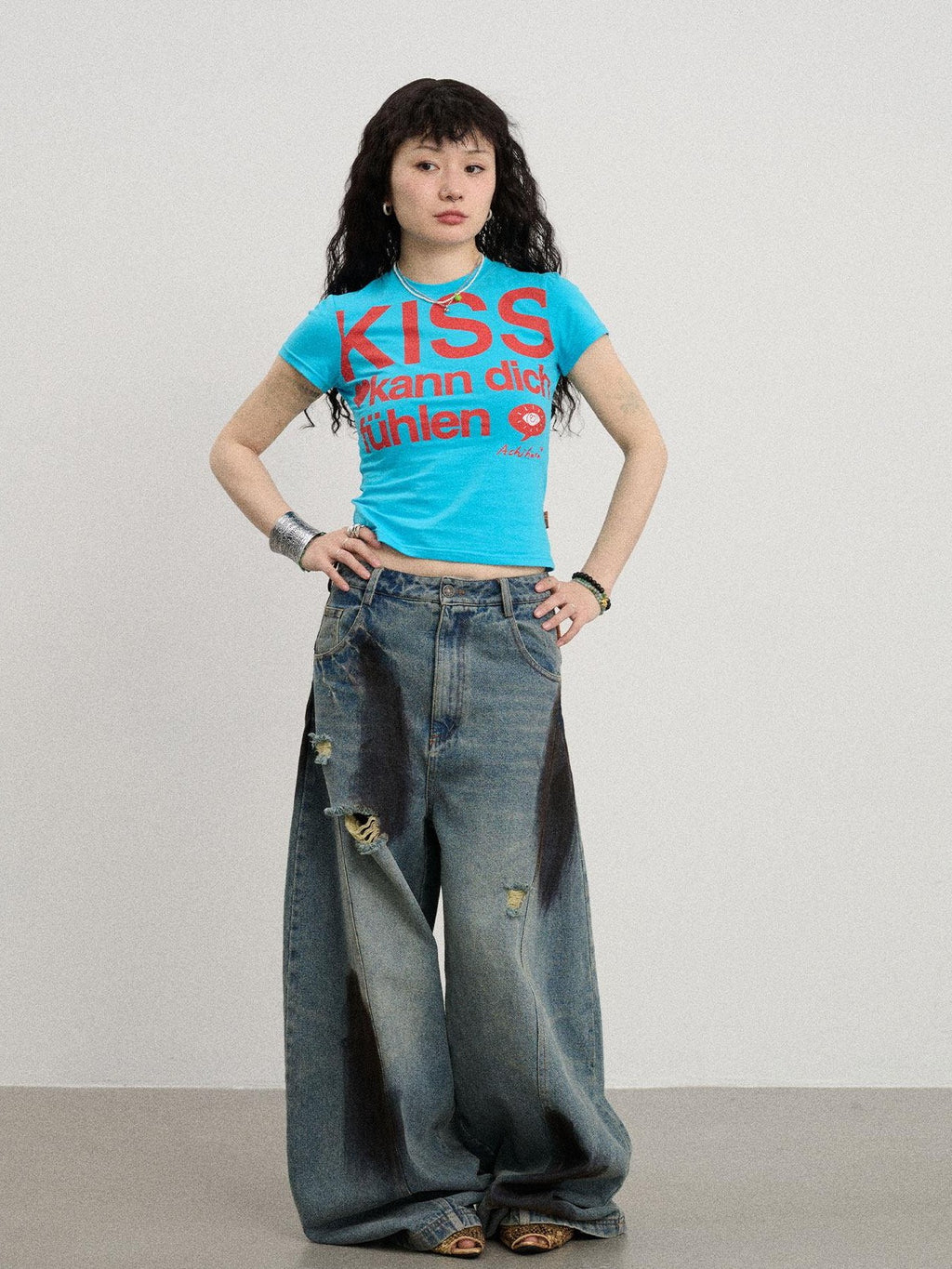 Achihara Two Kissing Fish Print Cropped Slim Women'S Cotton Stretch Short Sleeve T-Shirts
