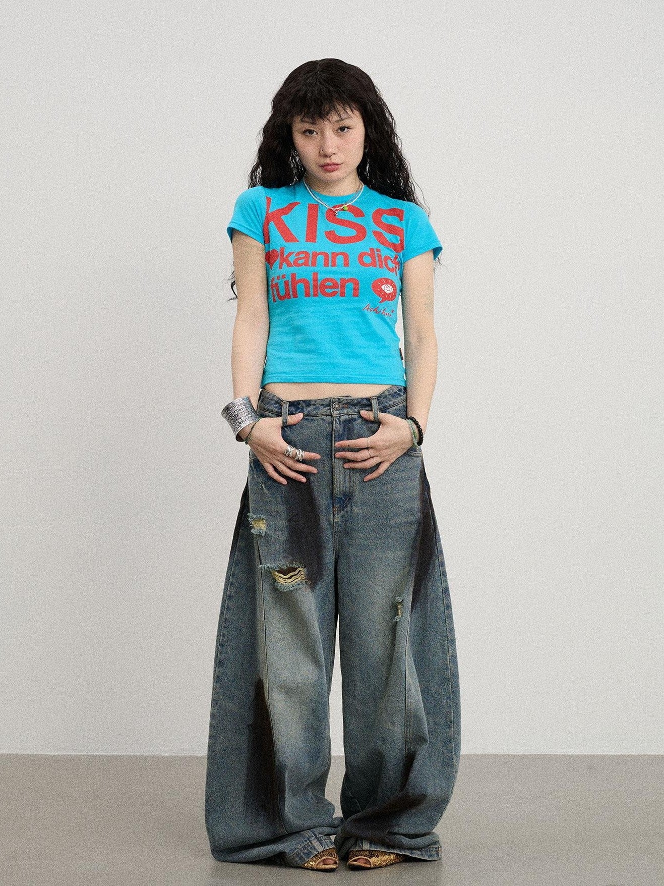 Achihara Two Kissing Fish Print Cropped Slim Women'S Cotton Stretch Short Sleeve T-Shirts