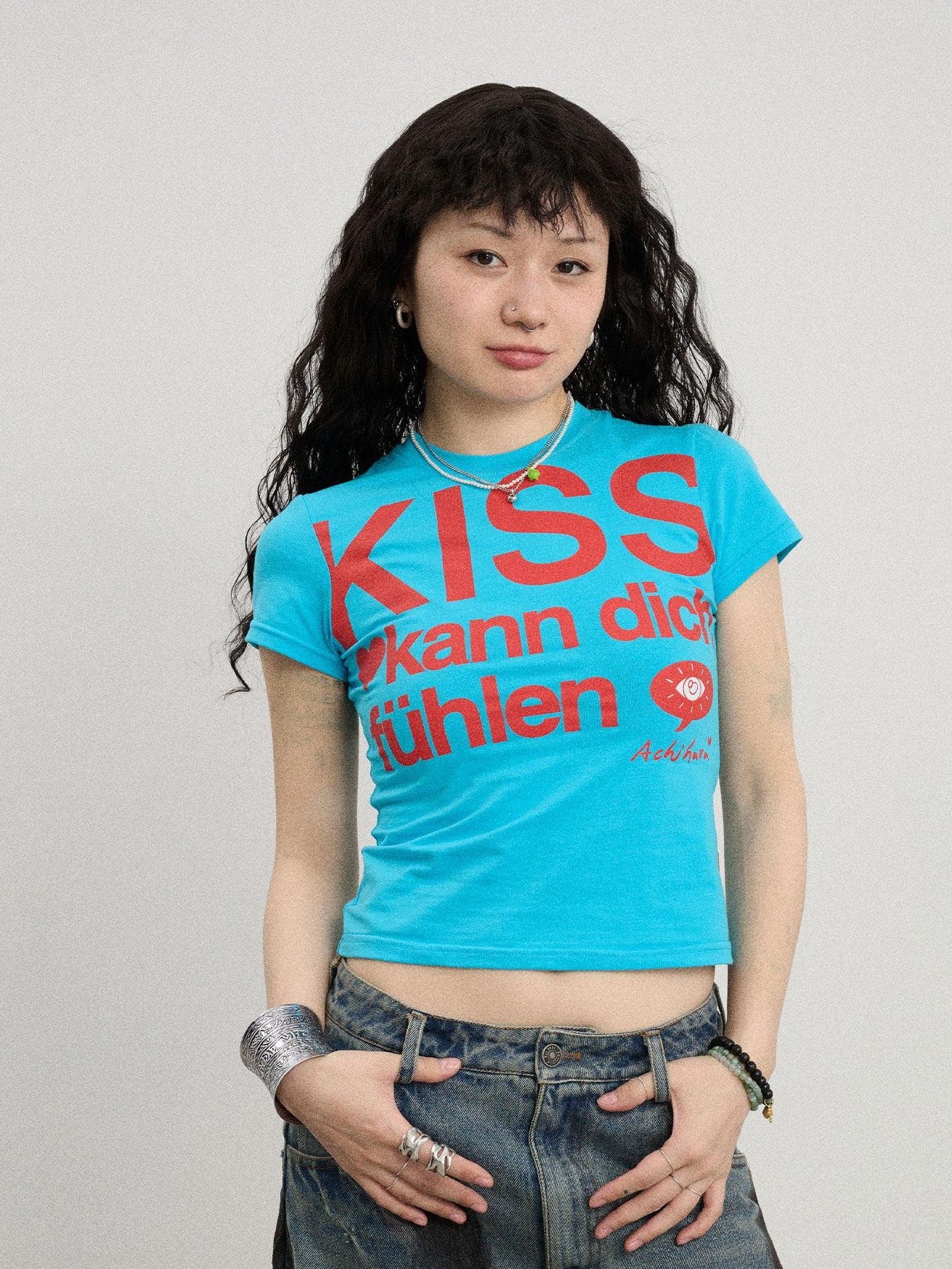 Achihara Two Kissing Fish Print Cropped Slim Women'S Cotton Stretch Short Sleeve T-Shirts