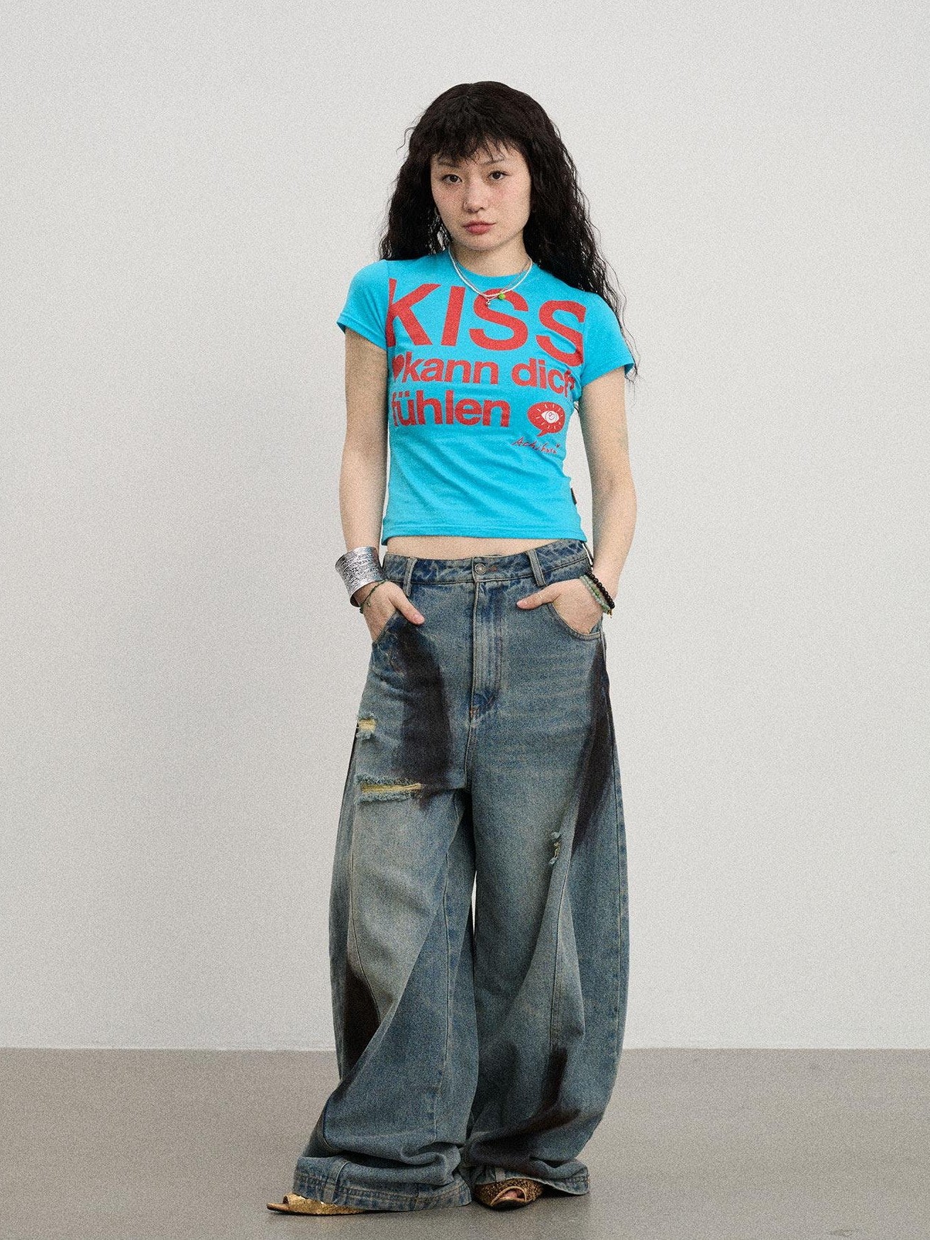 Achihara Two Kissing Fish Print Cropped Slim Women'S Cotton Stretch Short Sleeve T-Shirts