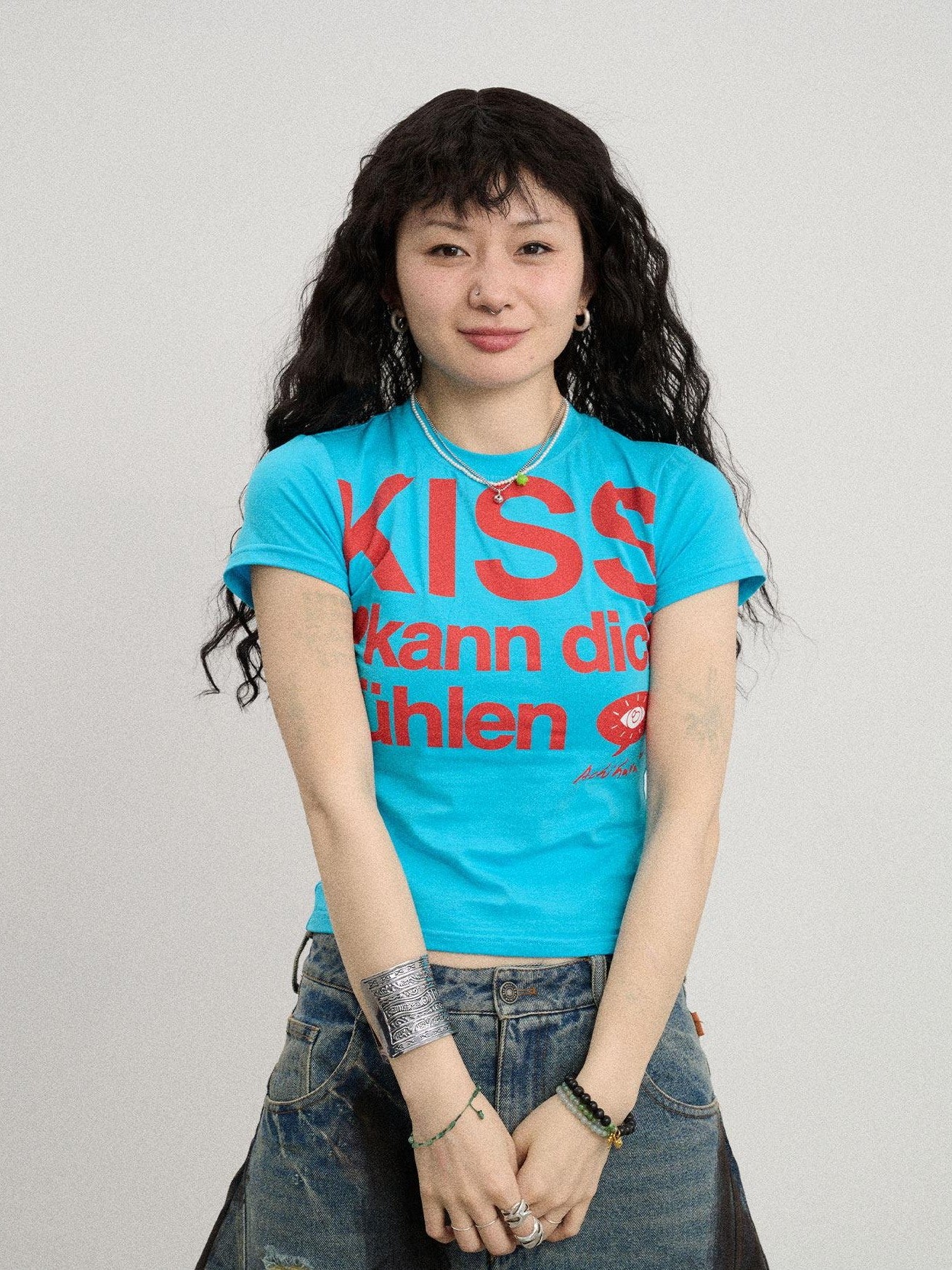 Achihara Two Kissing Fish Print Cropped Slim Women'S Cotton Stretch Short Sleeve T-Shirts