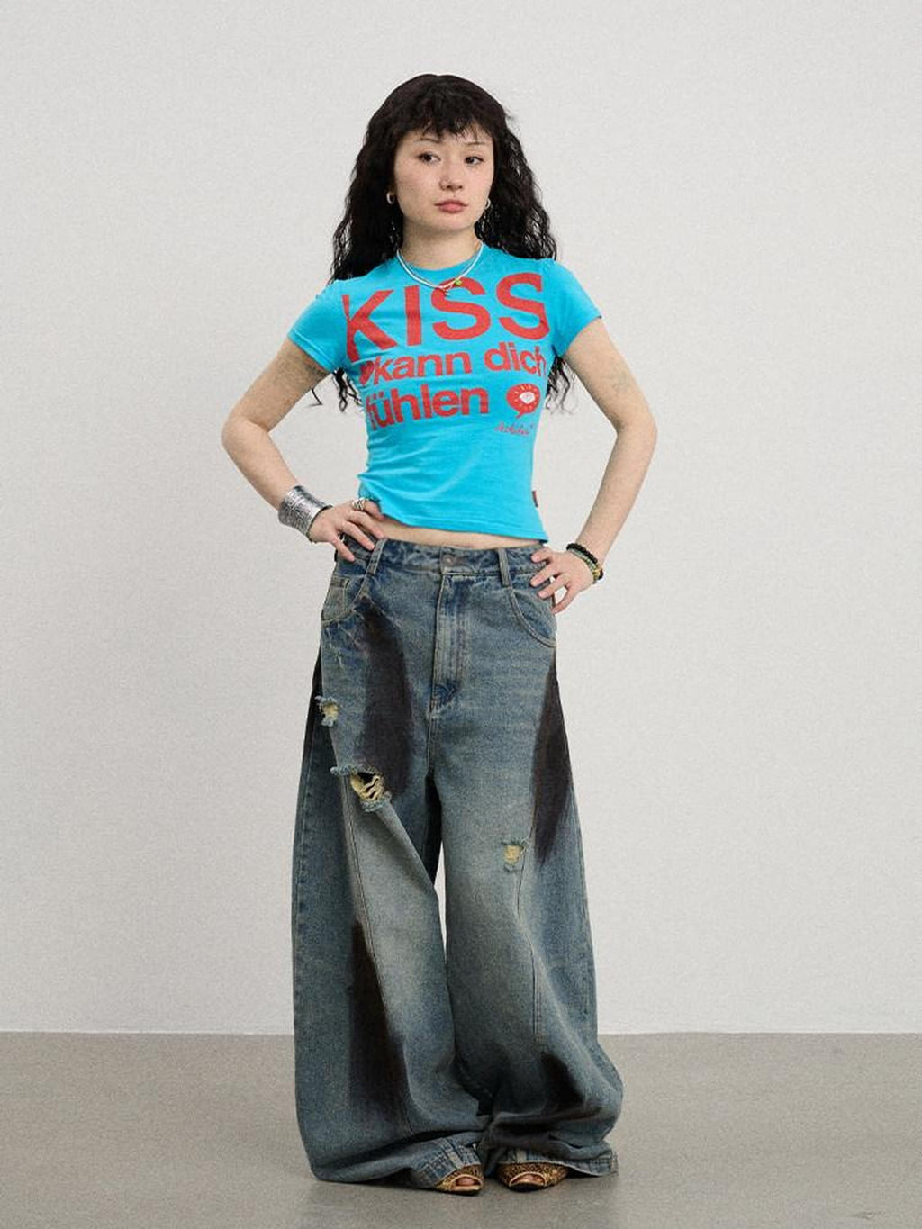 Achihara Two Kissing Fish Print Cropped Slim Women'S Cotton Stretch Short Sleeve T-Shirts