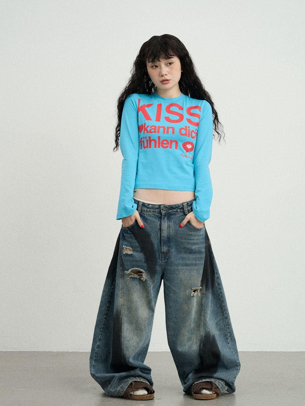 Achihara Two Kissing Fish Print Cropped Slim Women'S Cotton Stretch Short Sleeve T-Shirts