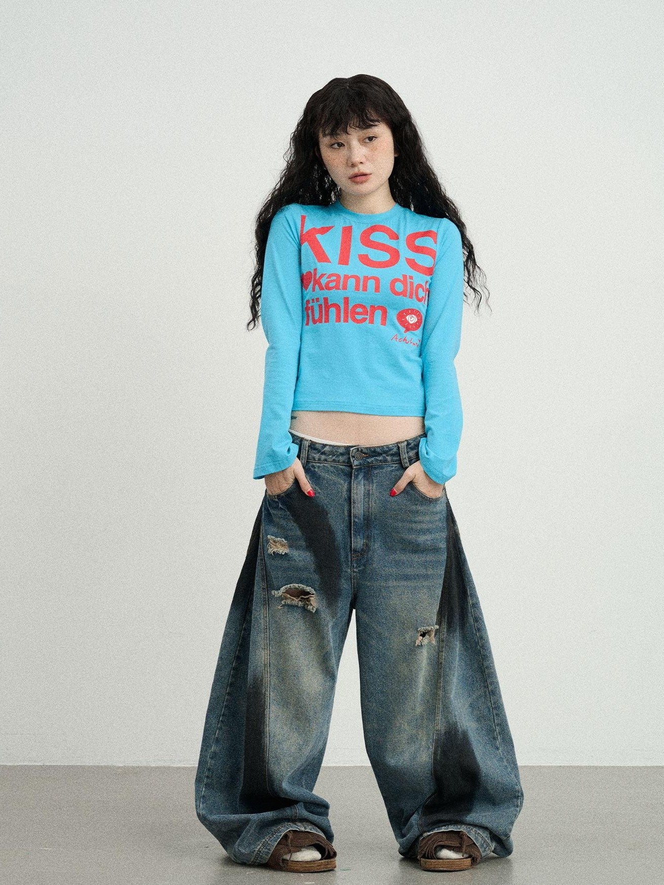 Achihara Two Kissing Fish Print Cropped Slim Women'S Cotton Stretch Short Sleeve T-Shirts
