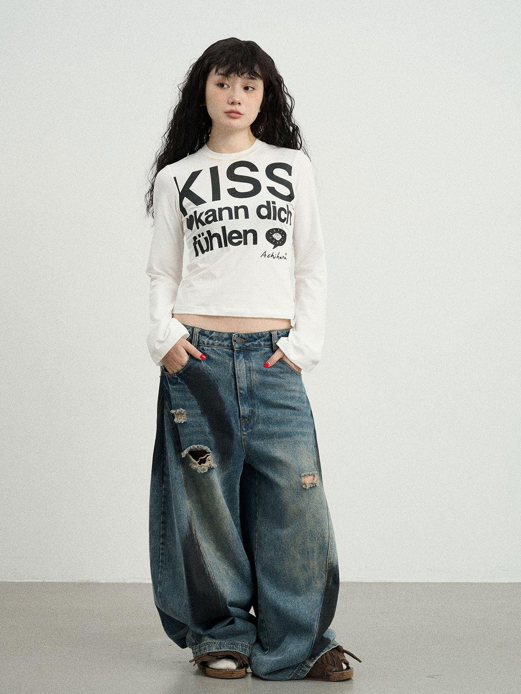 Achihara Two Kissing Fish Print Cropped Slim Women'S Cotton Stretch Short Sleeve T-Shirts