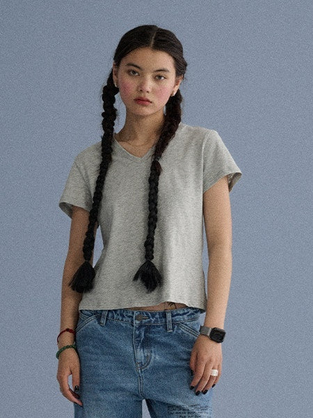 Achihara_V-neck_Cropped_Slim_Fit_Women'S_Cotton_Blend_Short_Sleeve_T-Shirts_MISSTT