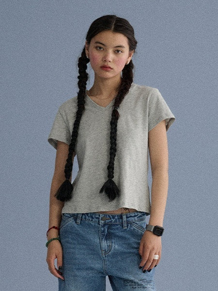 Achihara_V-neck_Cropped_Slim_Fit_Women'S_Cotton_Blend_Short_Sleeve_T-Shirts_MISSTT