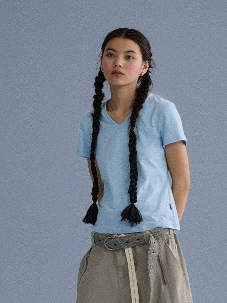 Achihara_V-neck_Cropped_Slim_Fit_Women'S_Cotton_Blend_Short_Sleeve_T-Shirts_MISSTT