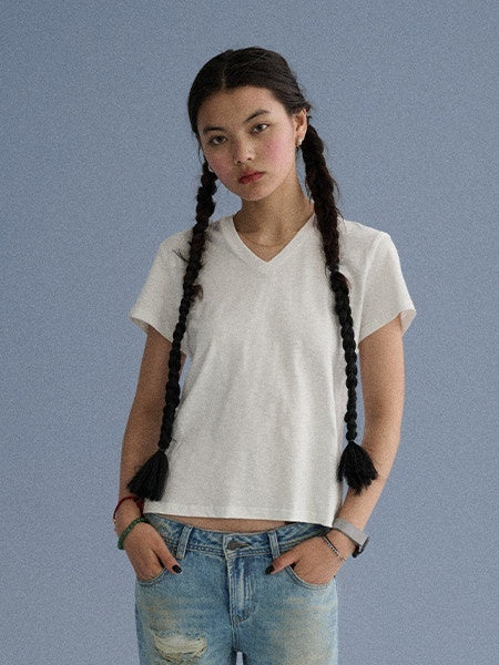 Achihara_V-neck_Cropped_Slim_Fit_Women'S_Cotton_Blend_Short_Sleeve_T-Shirts_MISSTT