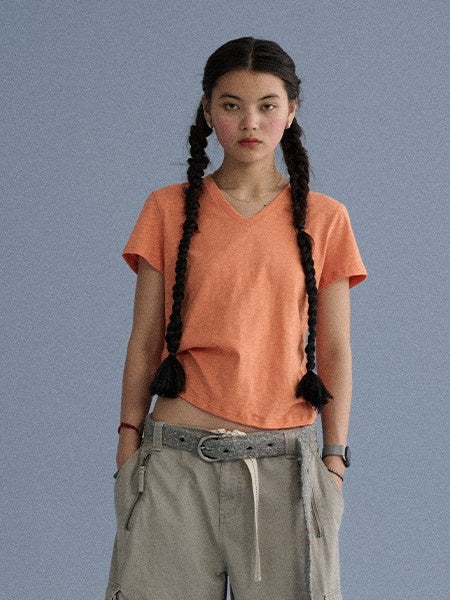 Achihara_V-neck_Cropped_Slim_Fit_Women'S_Cotton_Blend_Short_Sleeve_T-Shirts_MISSTT