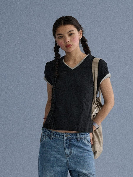 Achihara_V-neck_Cropped_Slim_Fit_Women'S_Cotton_Blend_Short_Sleeve_T-Shirts_MISSTT