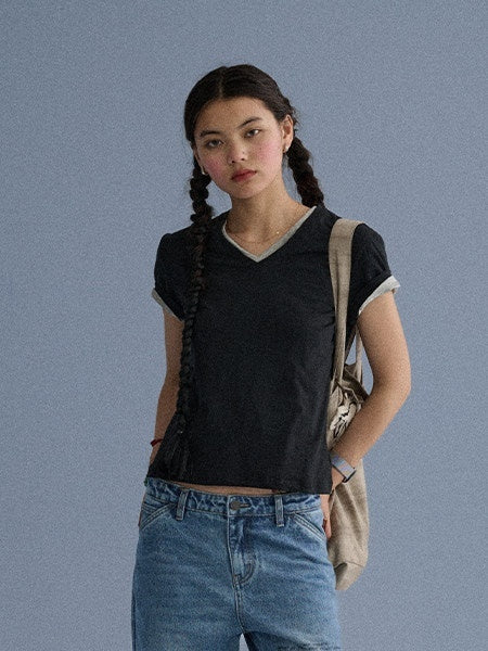 Achihara_V-neck_Cropped_Slim_Fit_Women'S_Cotton_Blend_Short_Sleeve_T-Shirts_MISSTT