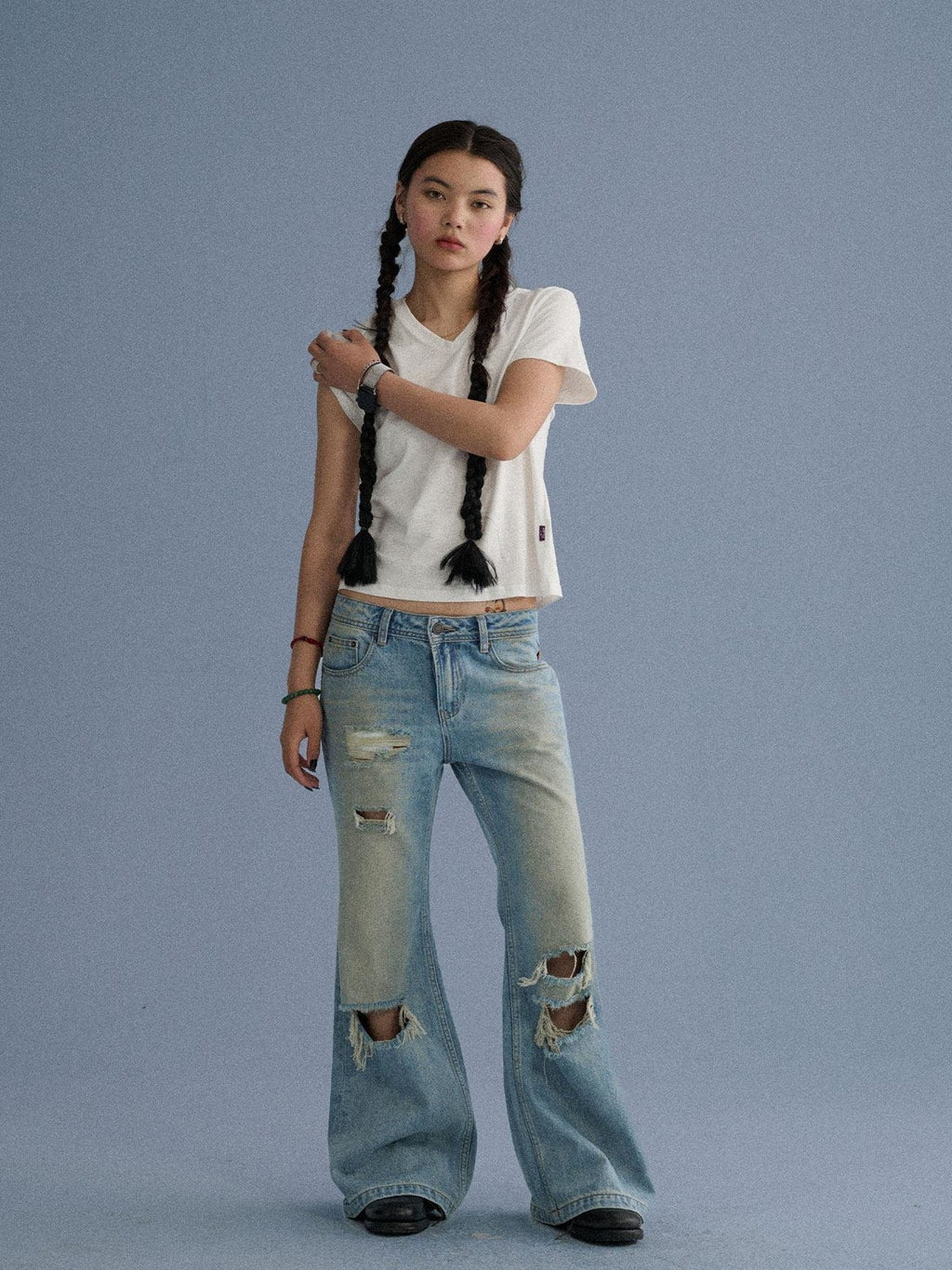 Achihara V-neck Cropped Slim Fit Women'S Cotton Blend Short Sleeve T-Shirts