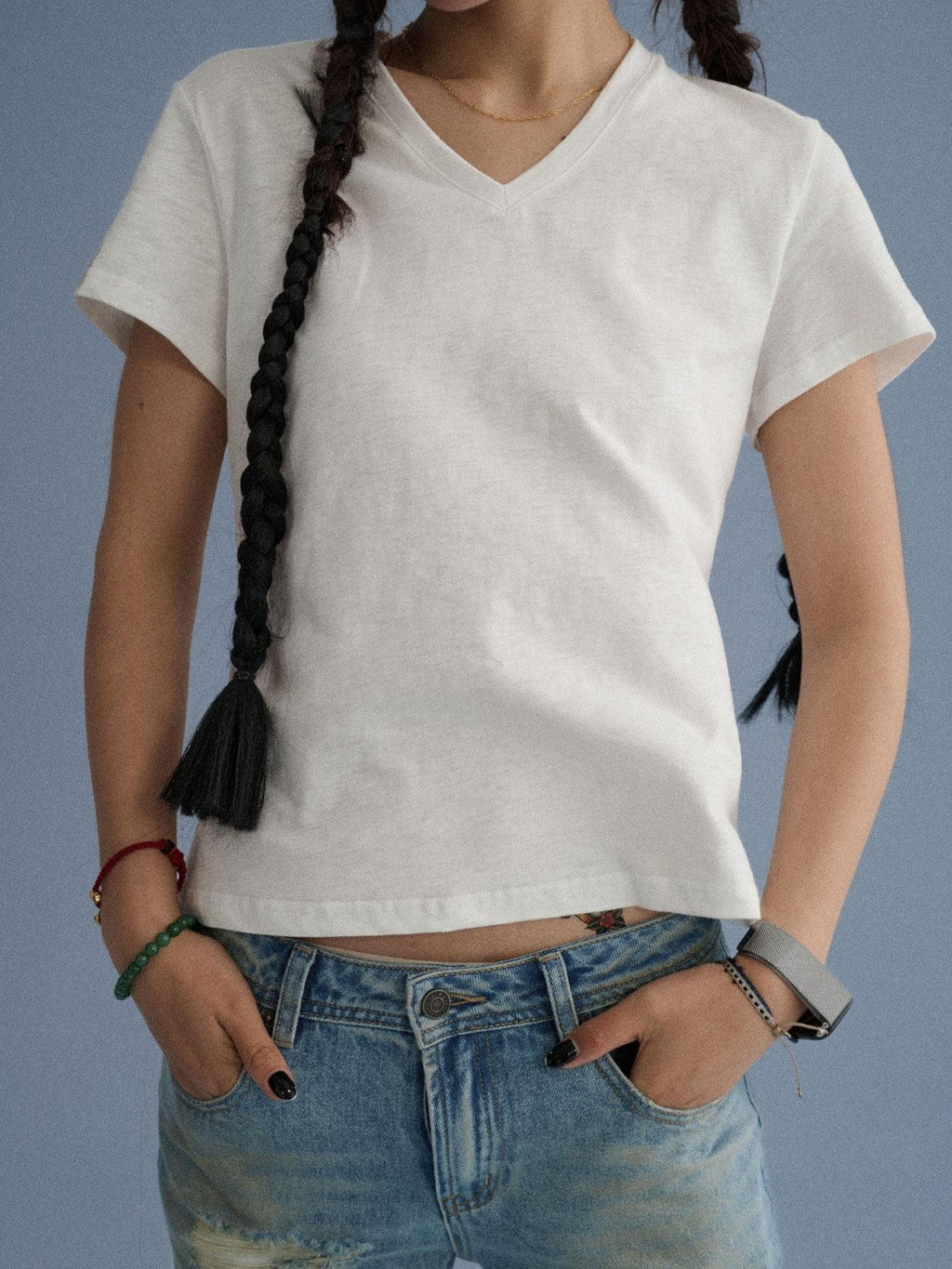 Achihara V-neck Cropped Slim Fit Women'S Cotton Blend Short Sleeve T-Shirts