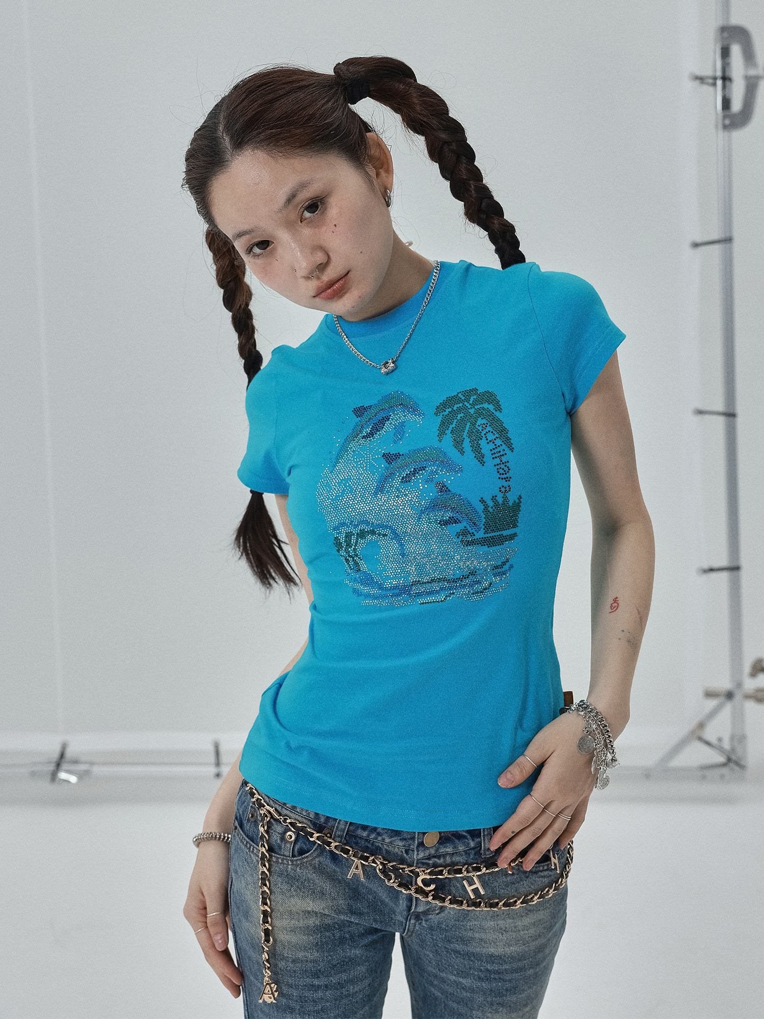 Achihara_Vintage_Blue_Rhinestone_Round_Neck_Slim_Fit_Short_Crop_Women'S_Camisoles_MISSTT