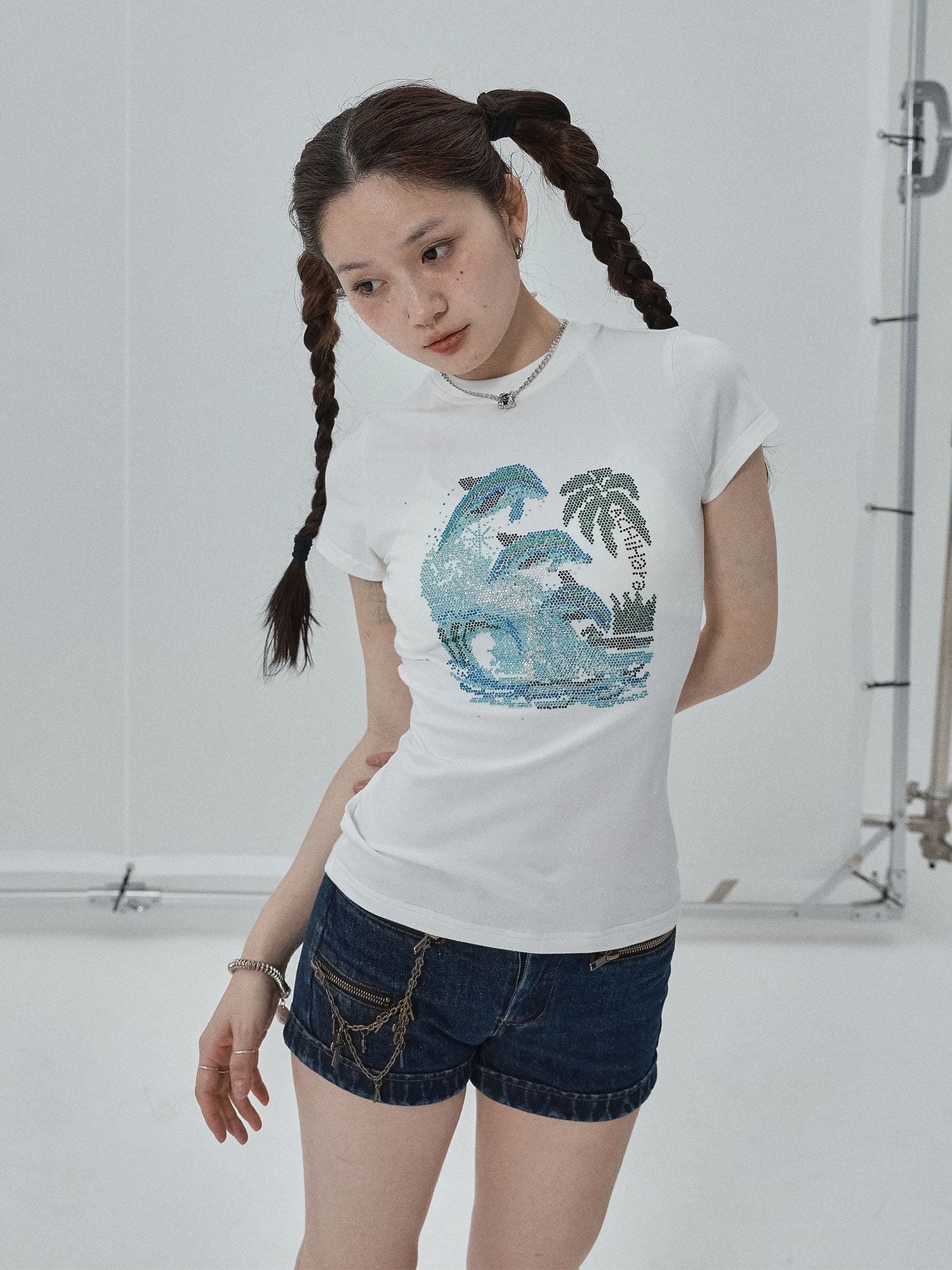 Achihara_Vintage_Blue_Rhinestone_Round_Neck_Slim_Fit_Short_Crop_Women'S_Camisoles_MISSTT