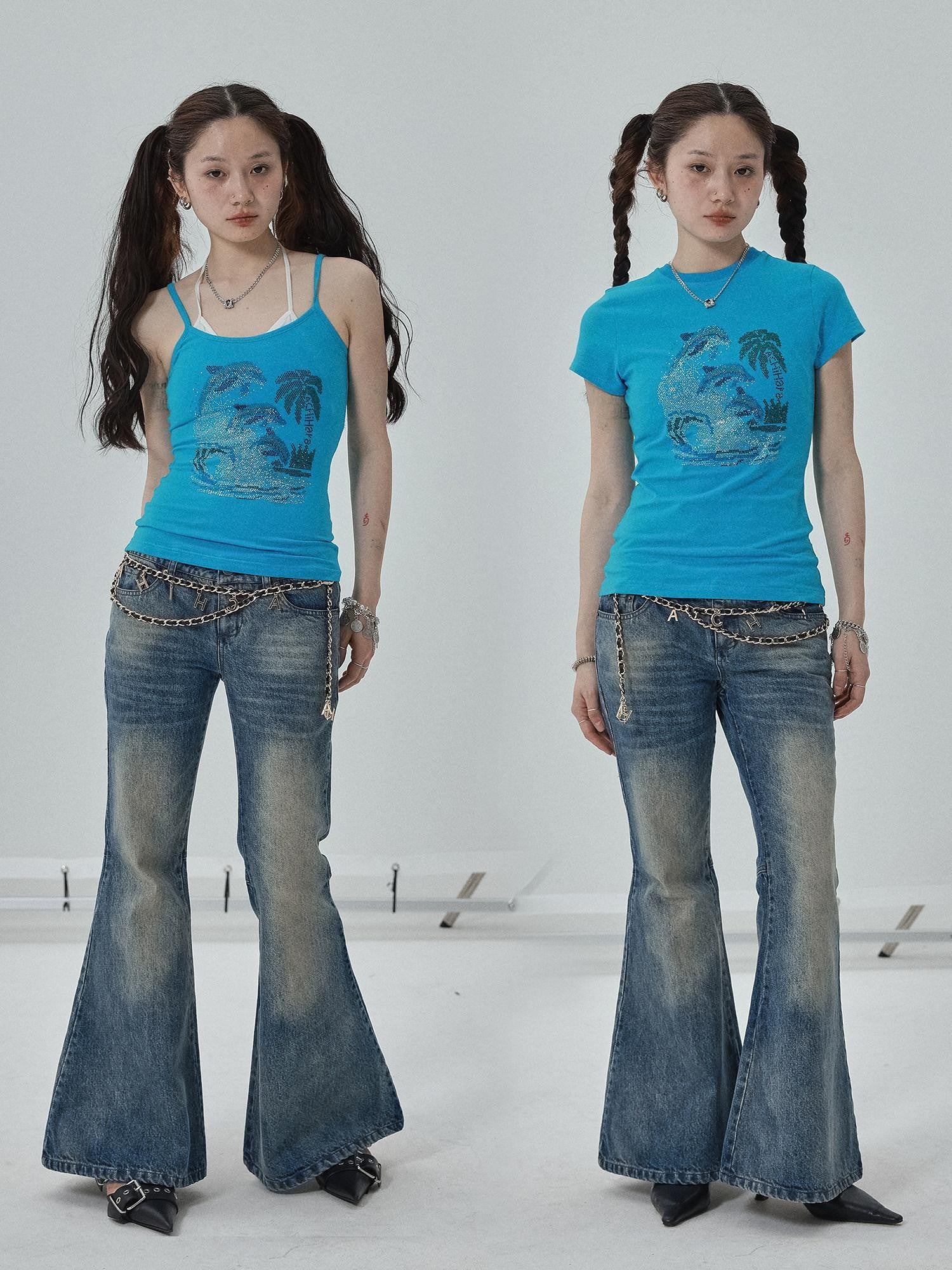 Achihara Vintage Blue Rhinestone Round Neck Slim Fit Short Crop Women'S Camisoles
