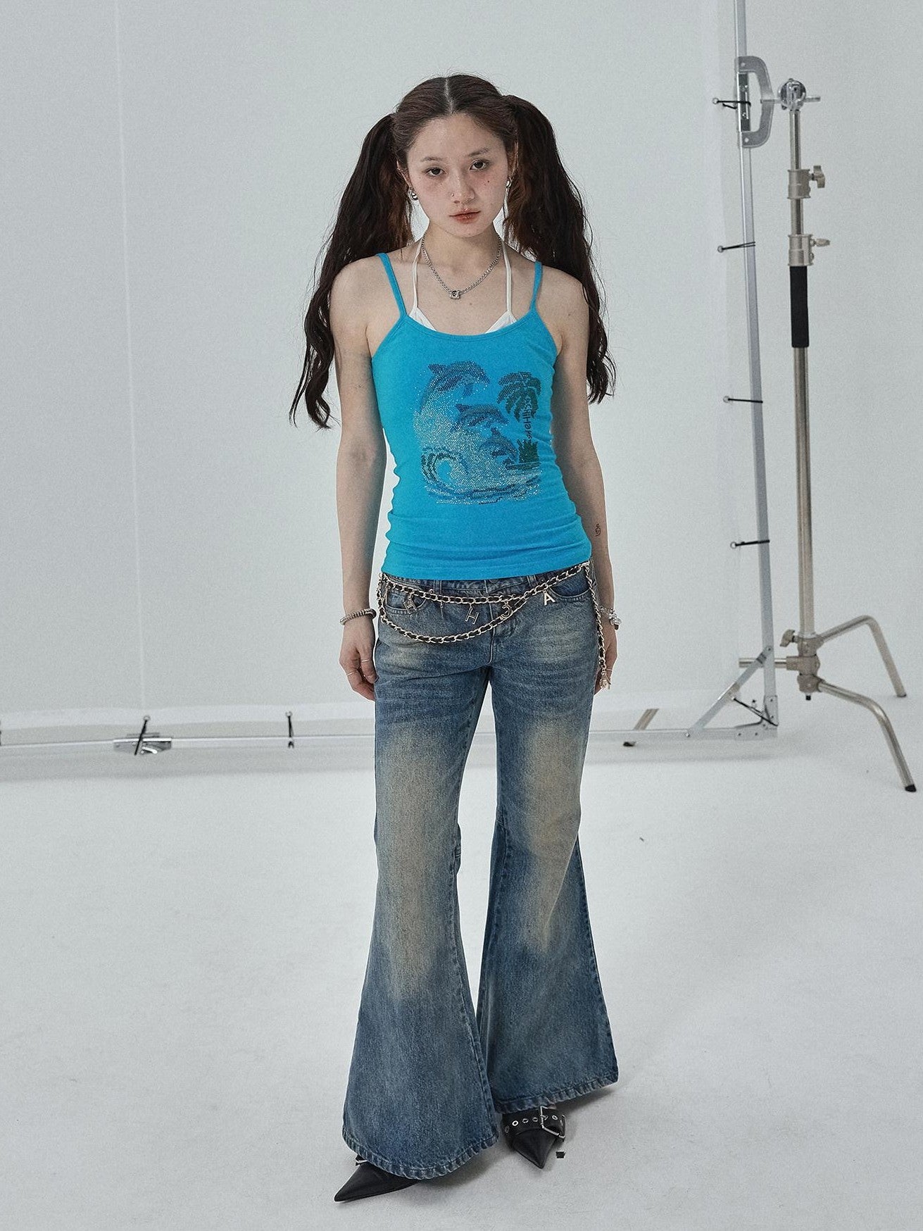 Achihara Vintage Blue Rhinestone Round Neck Slim Fit Short Crop Women'S Camisoles