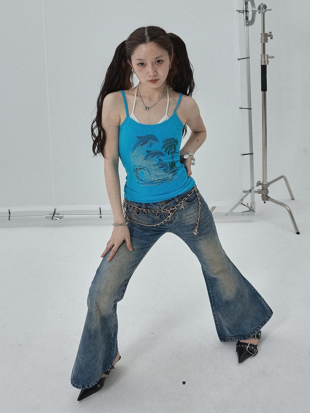 Achihara Vintage Blue Rhinestone Round Neck Slim Fit Short Crop Women'S Camisoles