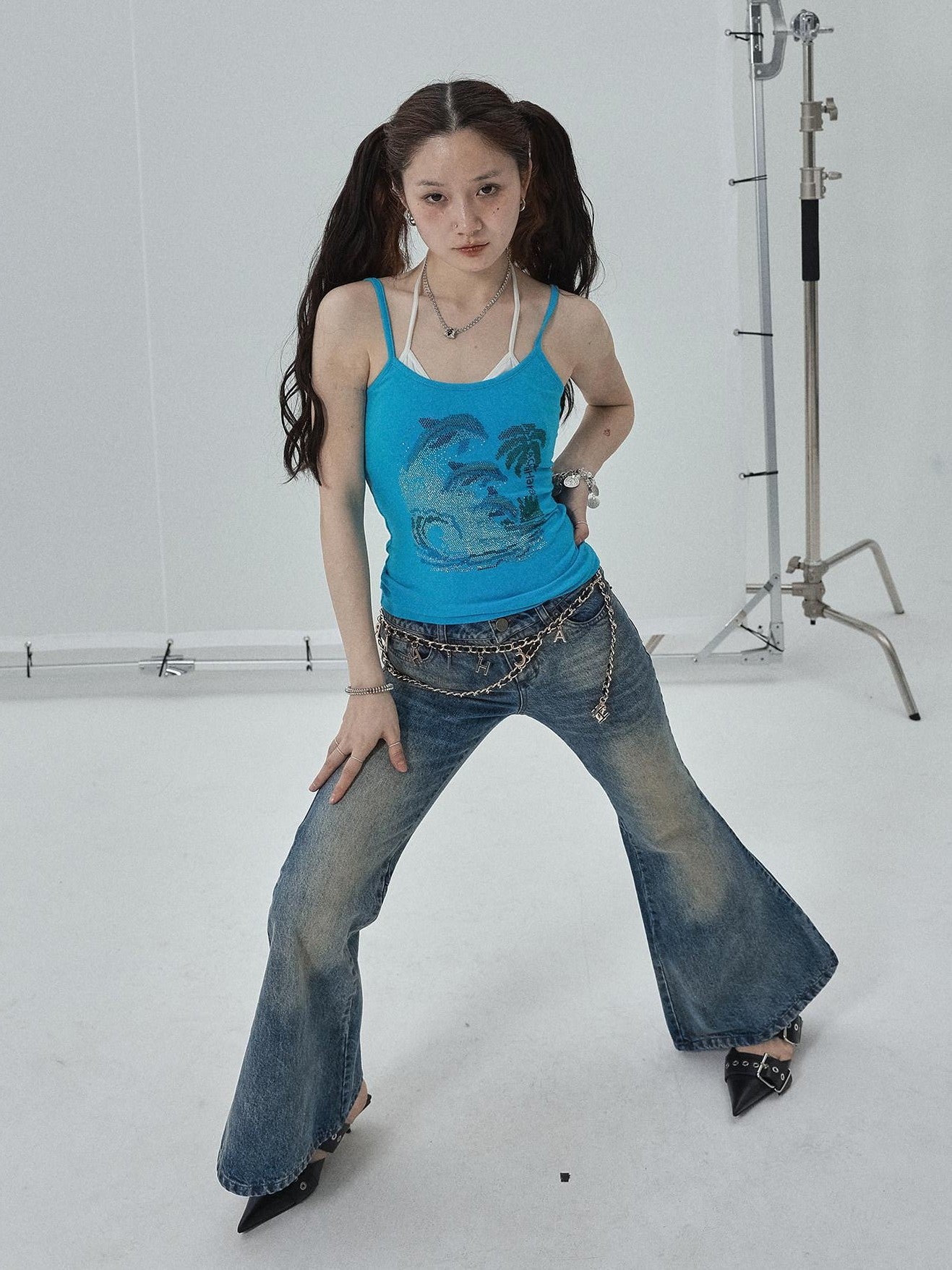 Achihara Vintage Blue Rhinestone Round Neck Slim Fit Short Crop Women'S Camisoles