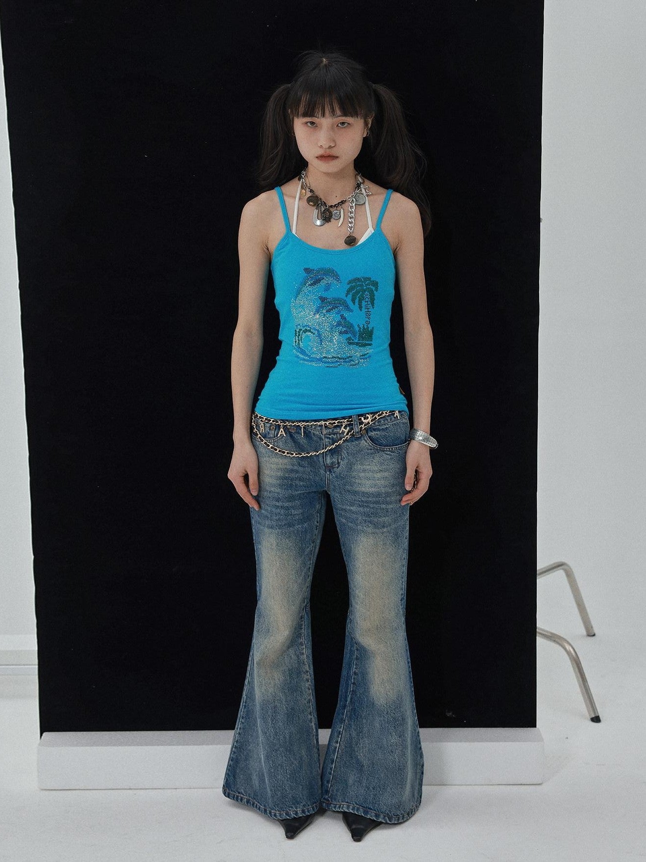 Achihara Vintage Blue Rhinestone Round Neck Slim Fit Short Crop Women'S Camisoles