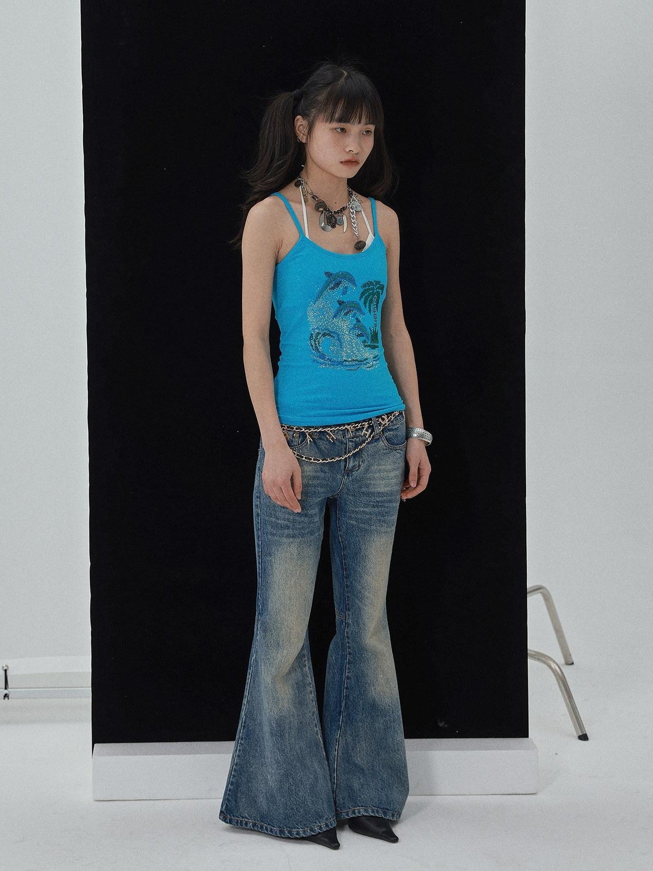 Achihara Vintage Blue Rhinestone Round Neck Slim Fit Short Crop Women'S Camisoles