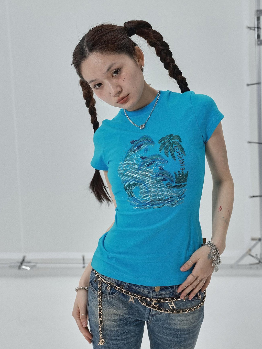 Achihara Vintage Blue Rhinestone Round Neck Slim Fit Short Crop Women'S Camisoles