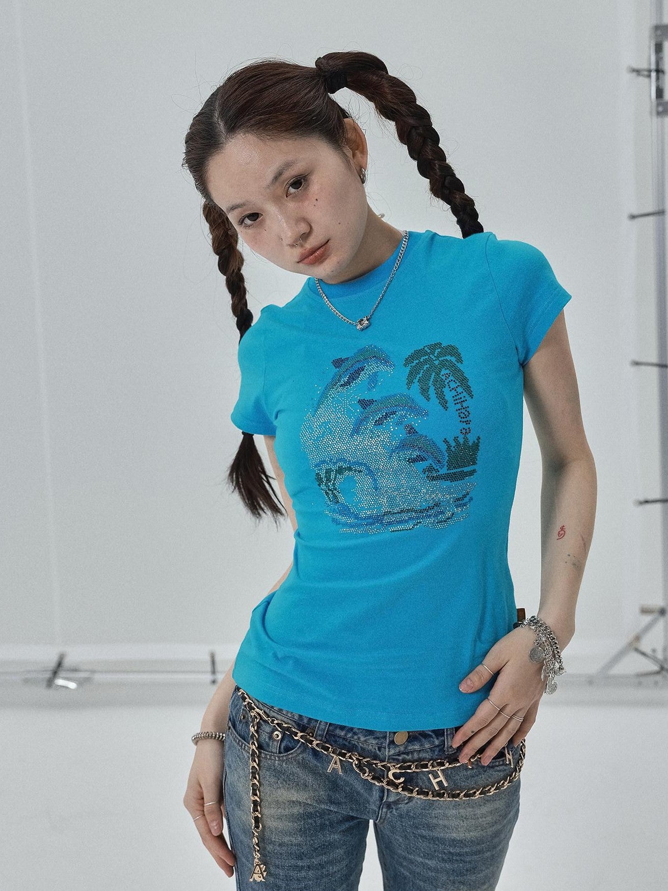 Achihara Vintage Blue Rhinestone Round Neck Slim Fit Short Crop Women'S Camisoles