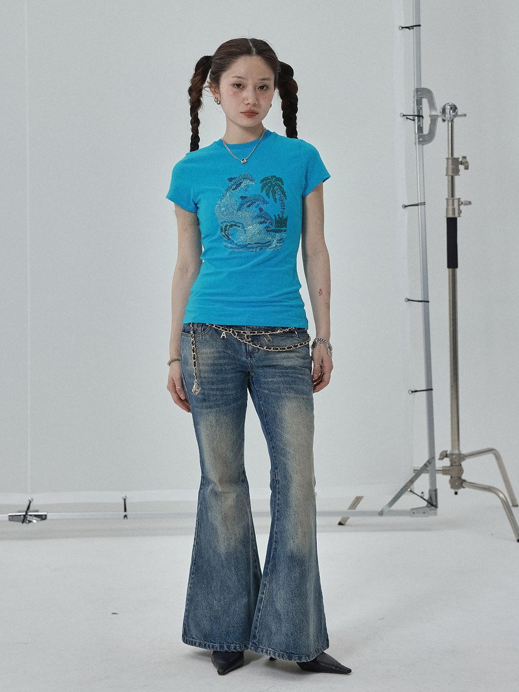 Achihara Vintage Blue Rhinestone Round Neck Slim Fit Short Crop Women'S Camisoles