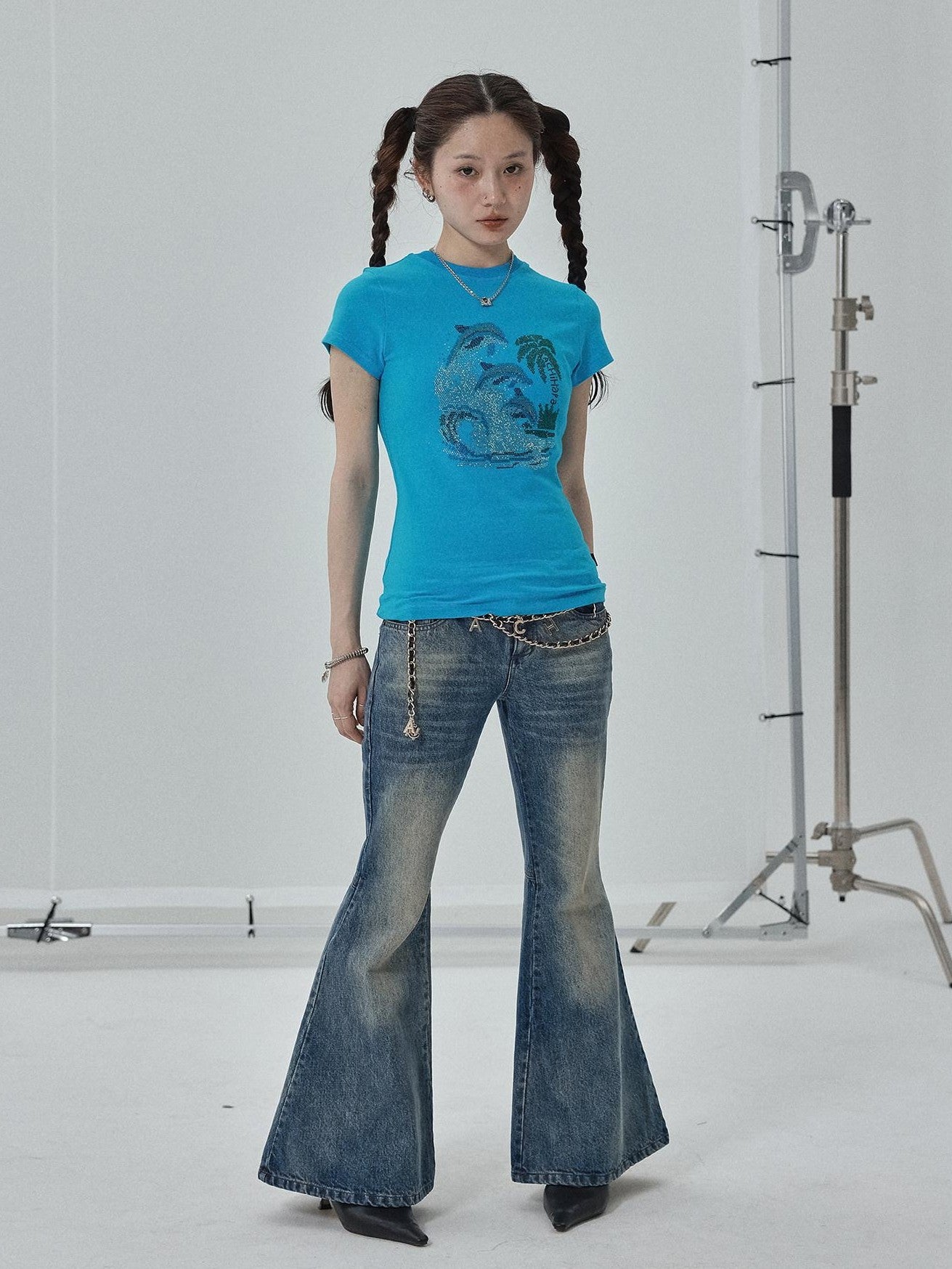 Achihara Vintage Blue Rhinestone Round Neck Slim Fit Short Crop Women'S Camisoles