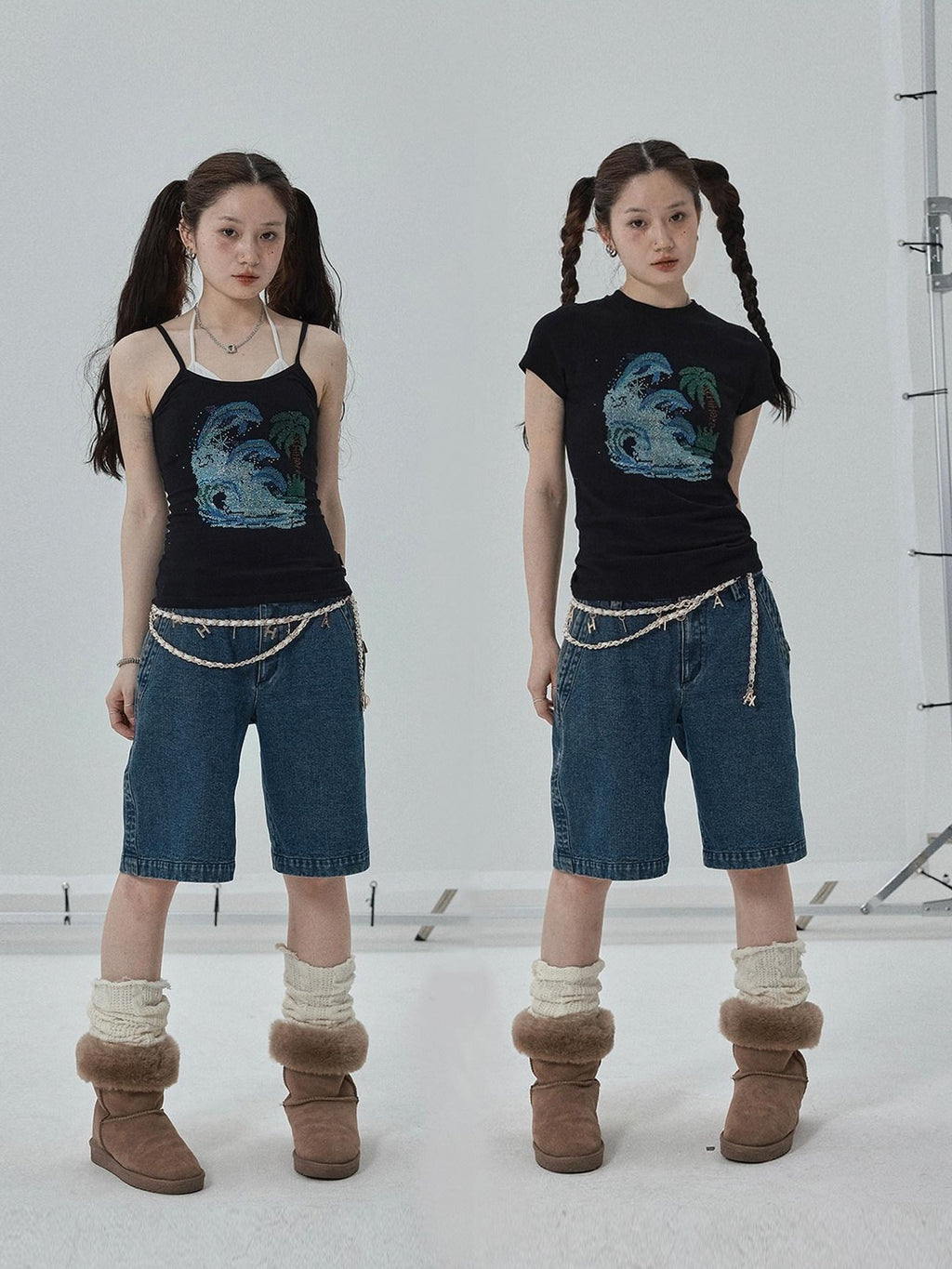 Achihara Vintage Blue Rhinestone Round Neck Slim Fit Short Crop Women'S Camisoles
