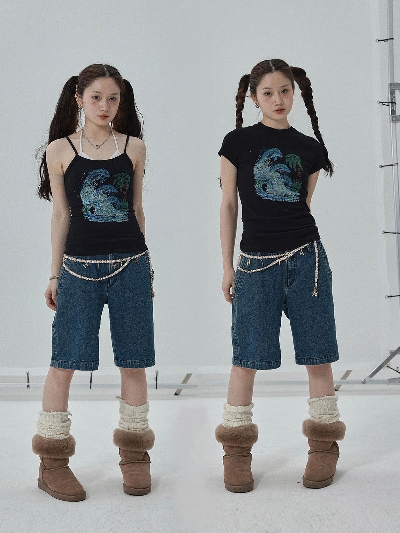 Achihara Vintage Blue Rhinestone Round Neck Slim Fit Short Crop Women'S Camisoles