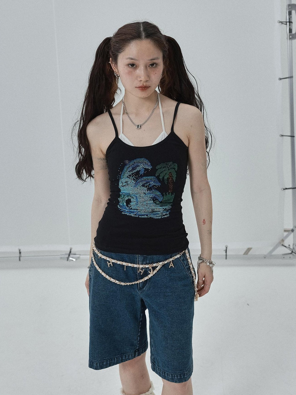 Achihara Vintage Blue Rhinestone Round Neck Slim Fit Short Crop Women'S Camisoles