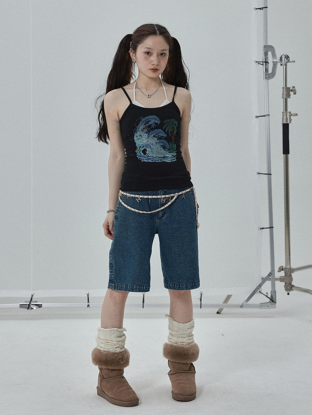 Achihara Vintage Blue Rhinestone Round Neck Slim Fit Short Crop Women'S Camisoles
