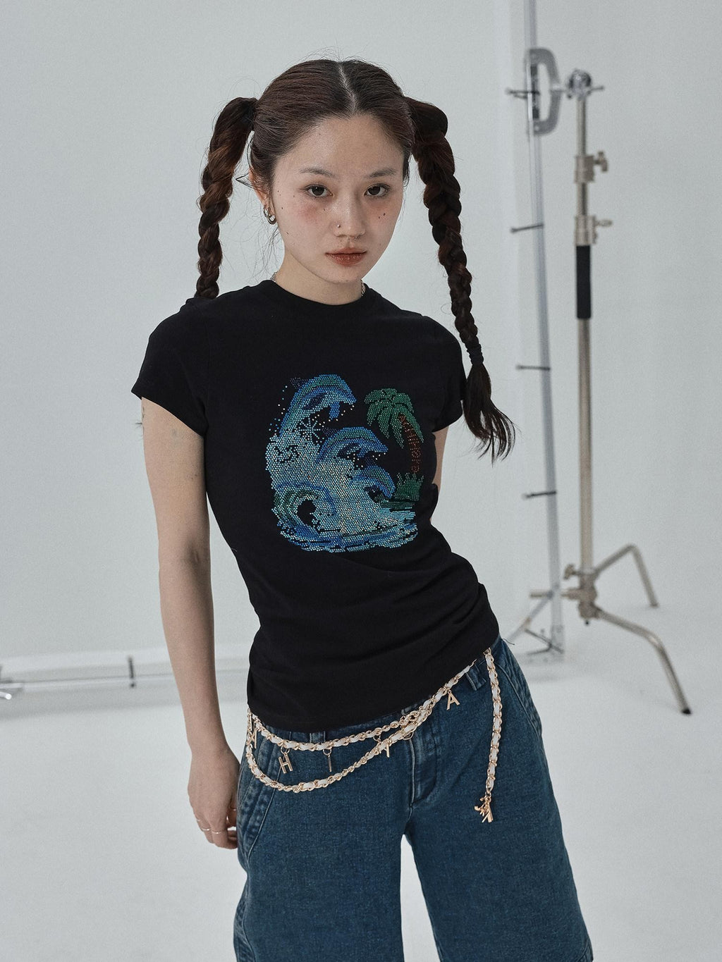 Achihara Vintage Blue Rhinestone Round Neck Slim Fit Short Crop Women'S Camisoles