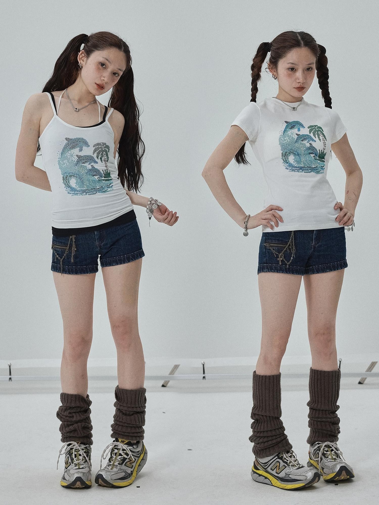 Achihara Vintage Blue Rhinestone Round Neck Slim Fit Short Crop Women'S Camisoles