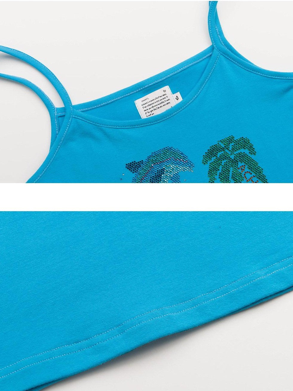 Achihara Vintage Blue Rhinestone Round Neck Slim Fit Short Crop Women'S Camisoles