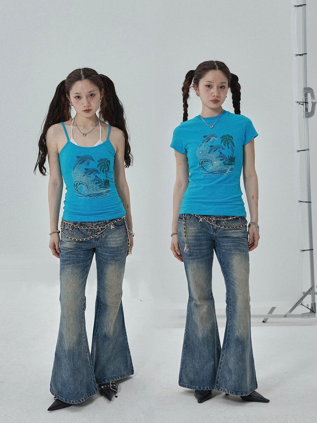 Achihara Vintage Blue Rhinestone Round Neck Slim Fit Short Crop Women'S Camisoles