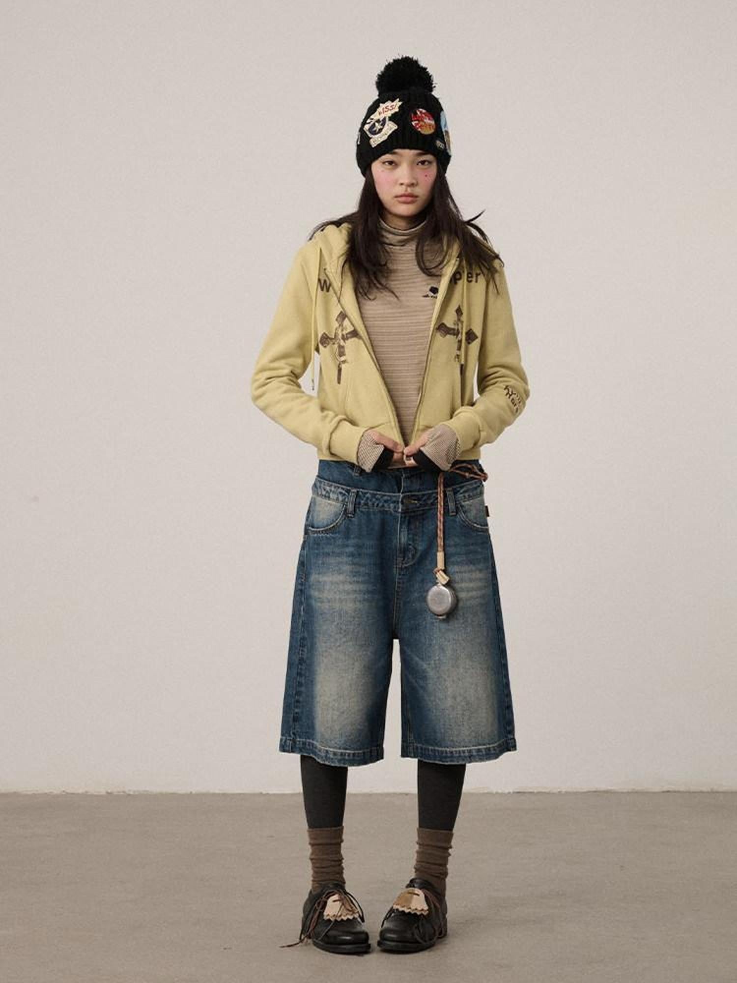 Achihara Vintage Distressed Washed Wide Leg Mid Length Women'S Denim Cropped Jeans