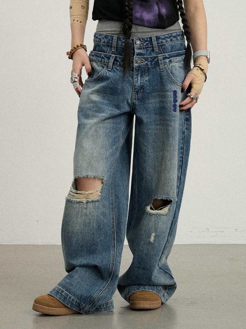 Achihara Vintage Washed Blue Double Layer Distressed Ripped Women'S Wide-Leg Jeans