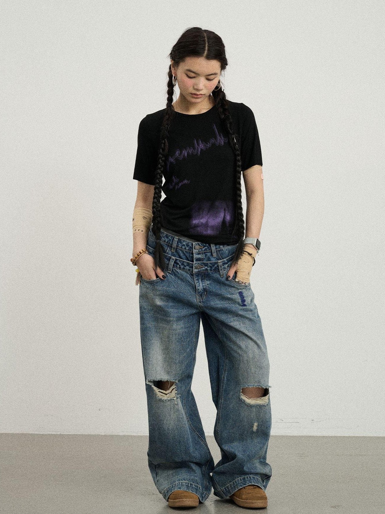 Achihara Vintage Washed Blue Double Layer Distressed Ripped Women'S Wide-Leg Jeans