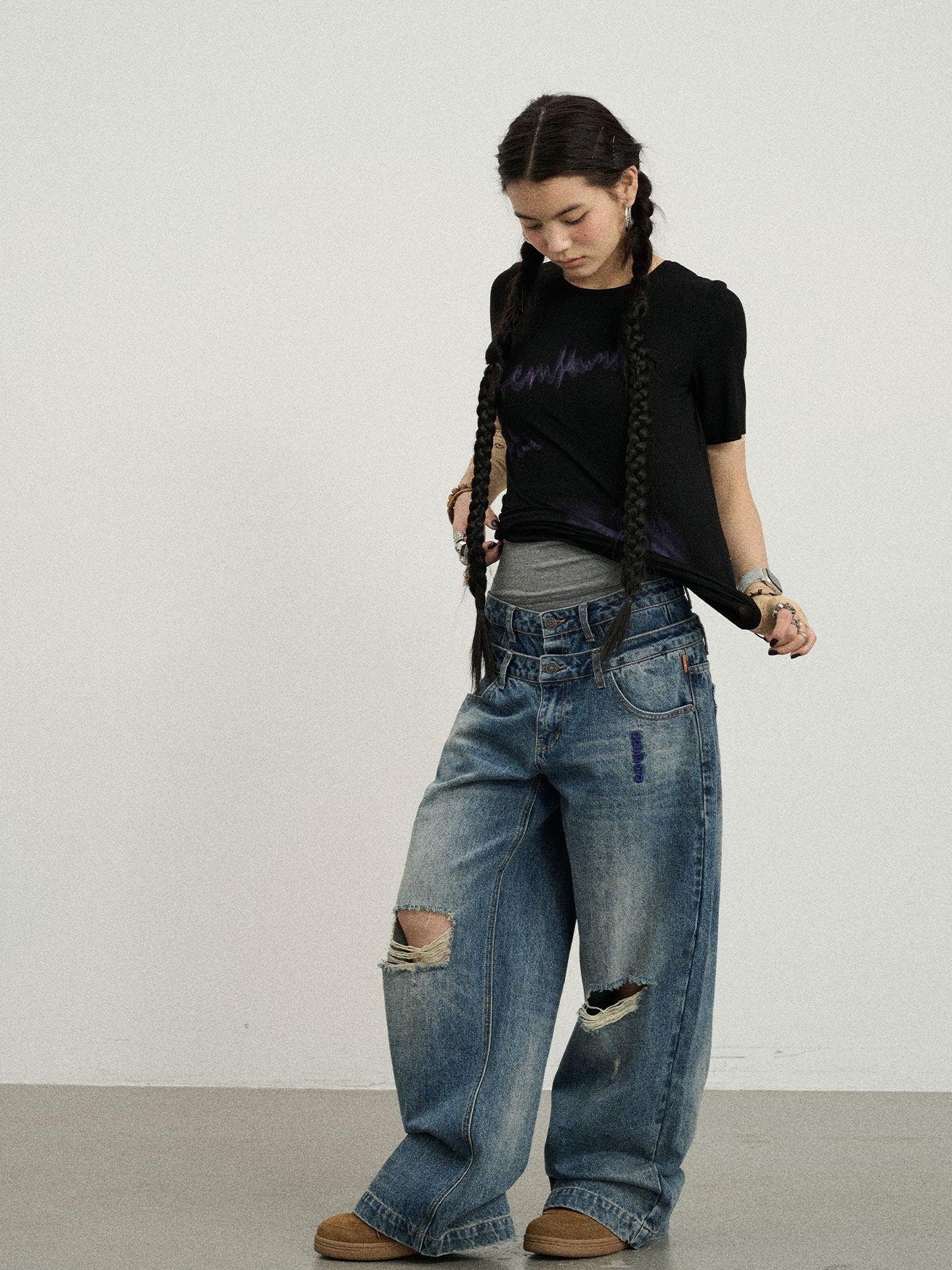 Achihara Vintage Washed Blue Double Layer Distressed Ripped Women'S Wide-Leg Jeans