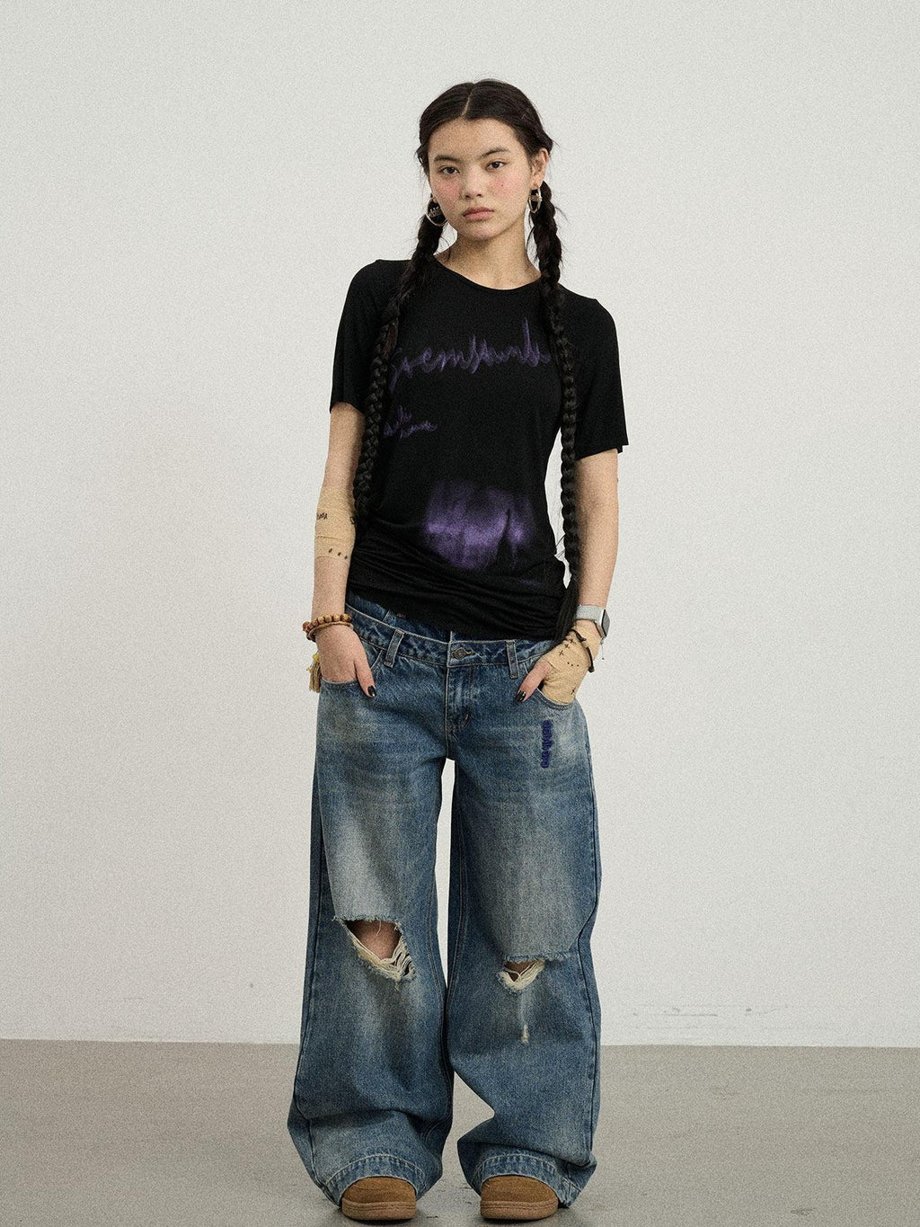 Achihara Vintage Washed Blue Double Layer Distressed Ripped Women'S Wide-Leg Jeans