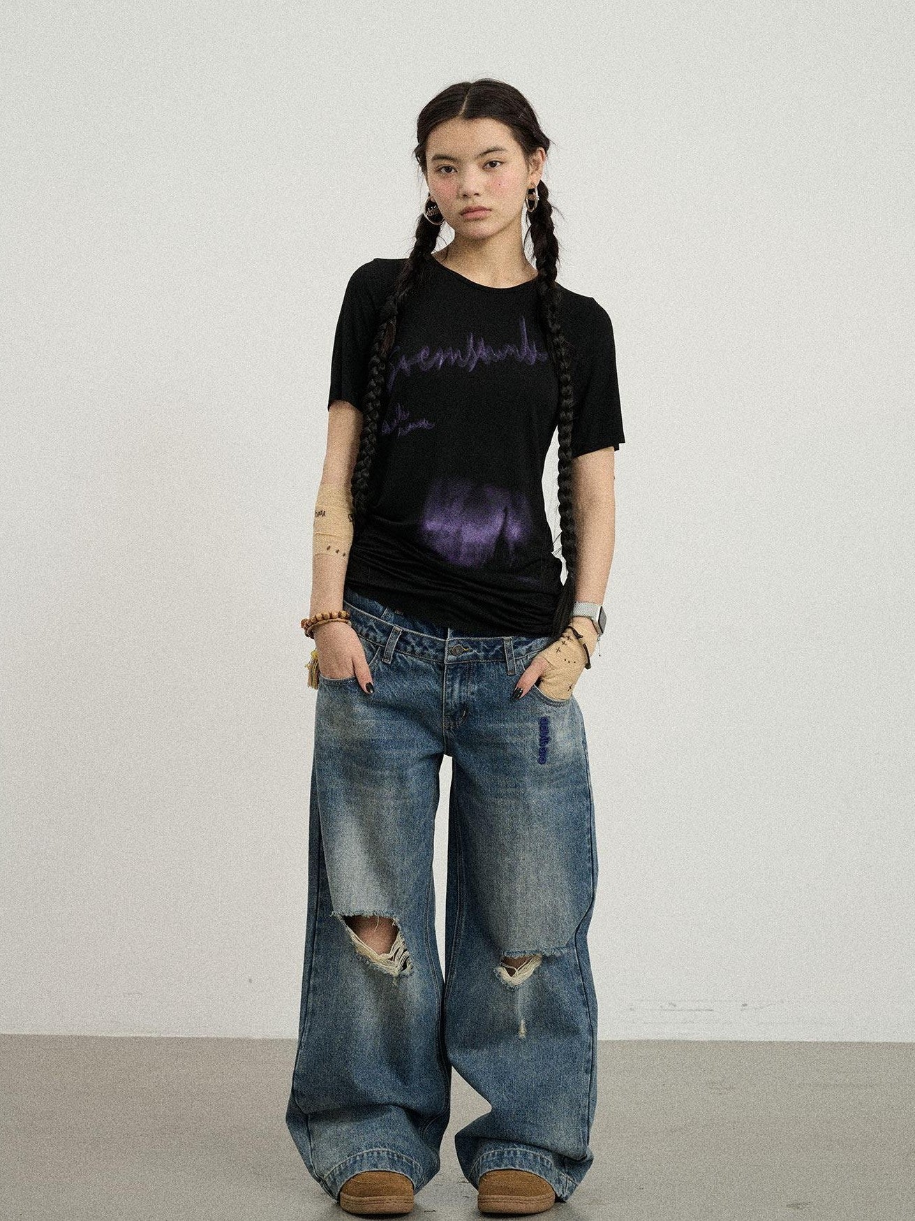 Achihara Vintage Washed Blue Double Layer Distressed Ripped Women'S Wide-Leg Jeans