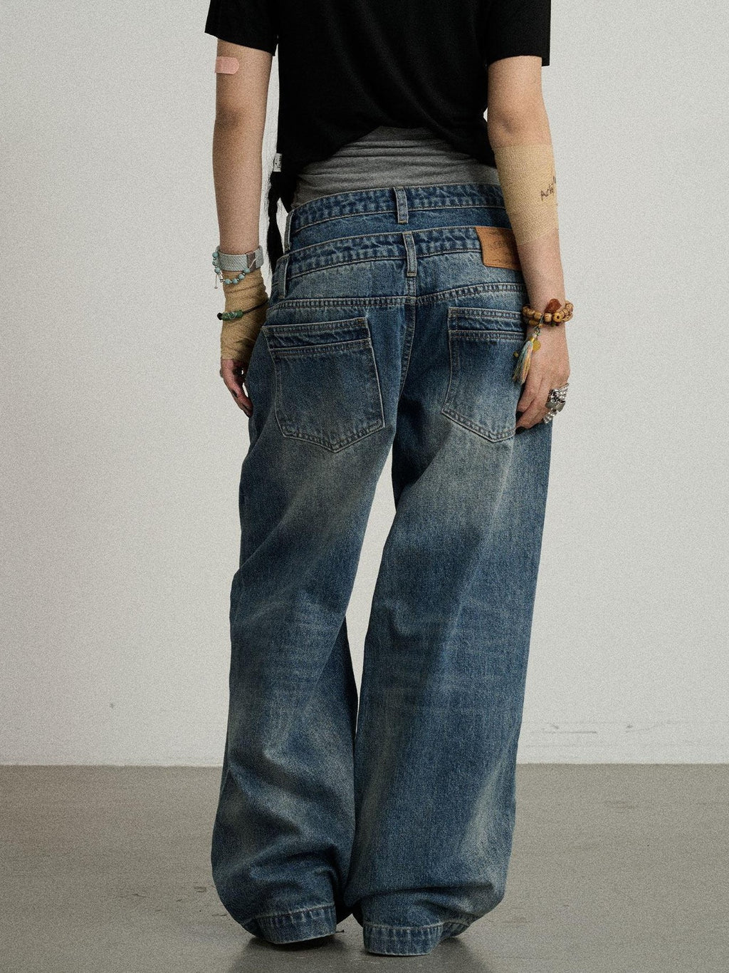 Achihara Vintage Washed Blue Double Layer Distressed Ripped Women'S Wide-Leg Jeans