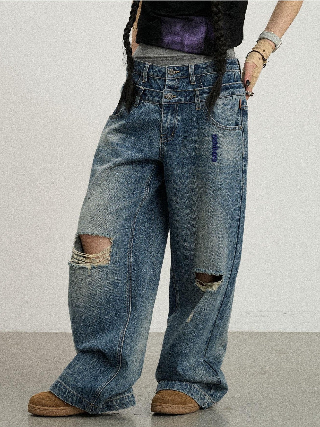Achihara Vintage Washed Blue Double Layer Distressed Ripped Women'S Wide-Leg Jeans