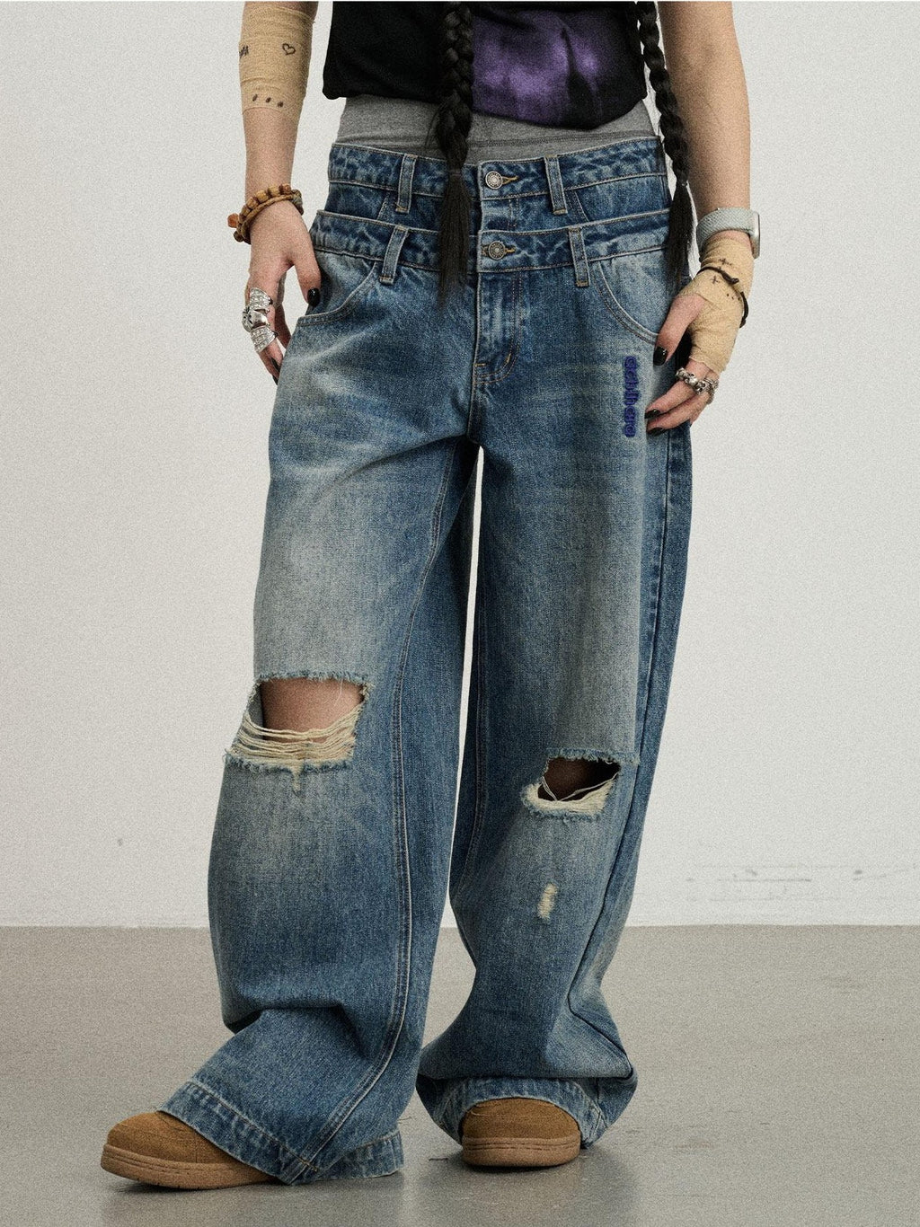 Achihara Vintage Washed Blue Double Layer Distressed Ripped Women'S Wide-Leg Jeans