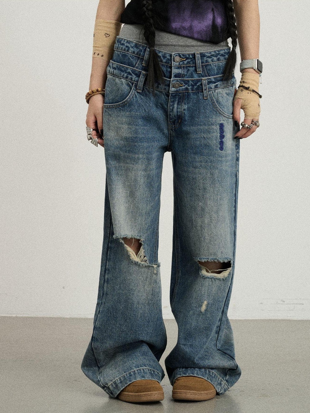 Achihara Vintage Washed Blue Double Layer Distressed Ripped Women'S Wide-Leg Jeans